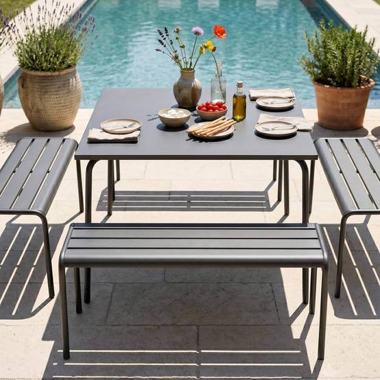 Oviala - Ensemble table de jardin carrée et 4 bancs en métal anthracite Palavas - Oviala - Imagen 3
