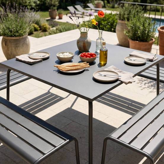 Oviala - Ensemble table de jardin carrée et 4 bancs en métal anthracite Palavas - Oviala - Imagen 4