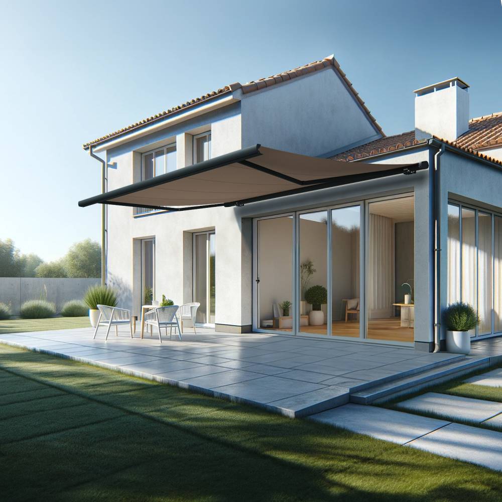 Store banne coffre MEEL 5,00x3,50m (Motorisé à interrupteur + manœuvre de secours - Taupe - Gris anthracite) - Alia Productions - Imagen 1