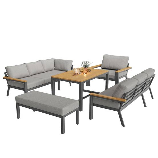 Canapé de jardin, huit places, avec table en bois, coussins, structure en fer résistante aux intempéries, gris - Image 7