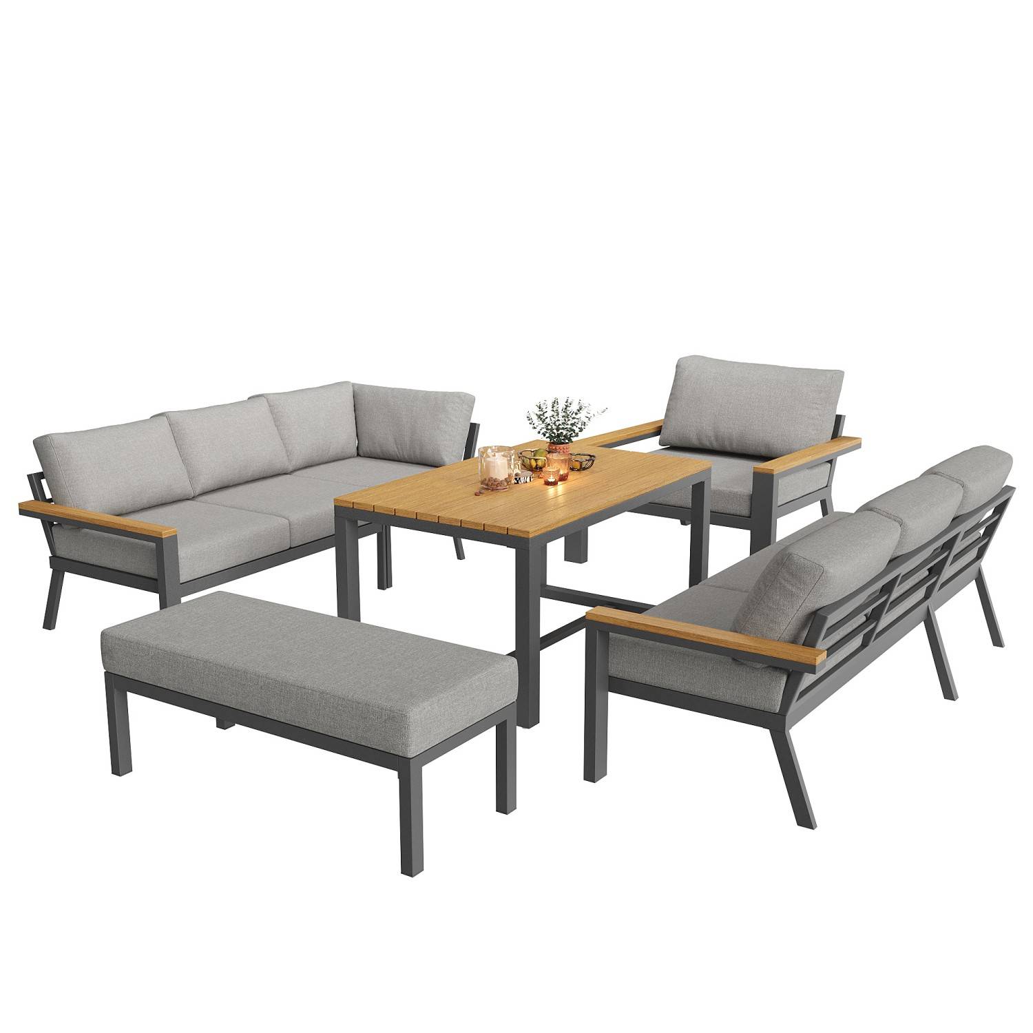 Canapé de jardin, huit places, avec table en bois, coussins, structure en fer résistante aux intempéries, gris - Image 7