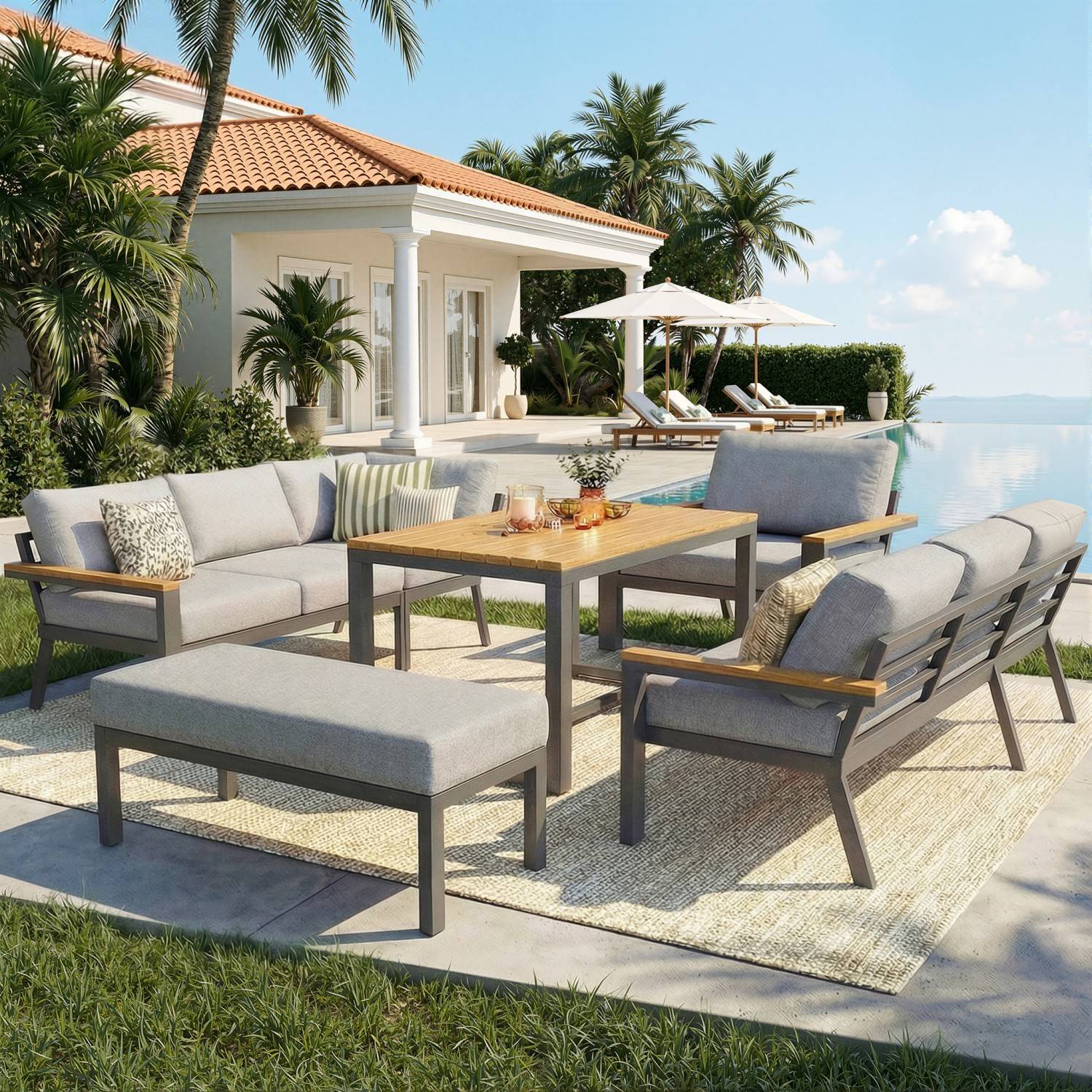 Canapé de jardin, huit places, avec table en bois, coussins, structure en fer résistante aux intempéries, gris - Image 1