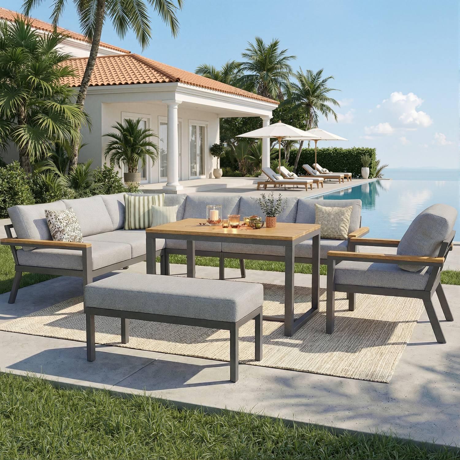 Canapé de jardin, huit places, avec table en bois, coussins, structure en fer résistante aux intempéries, gris - Image 2