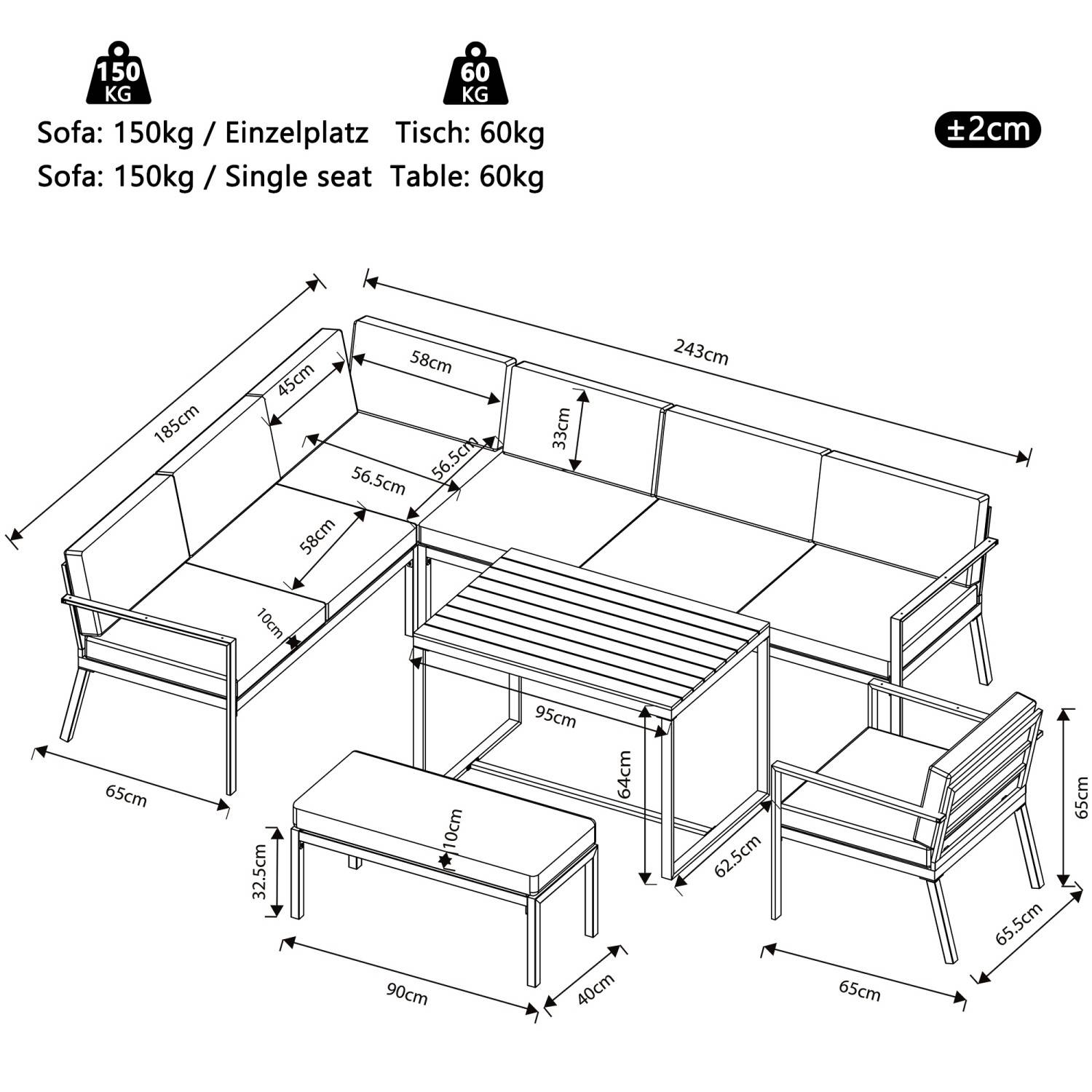 Canapé de jardin, huit places, avec table en bois, coussins, structure en fer résistante aux intempéries, gris - Image 4
