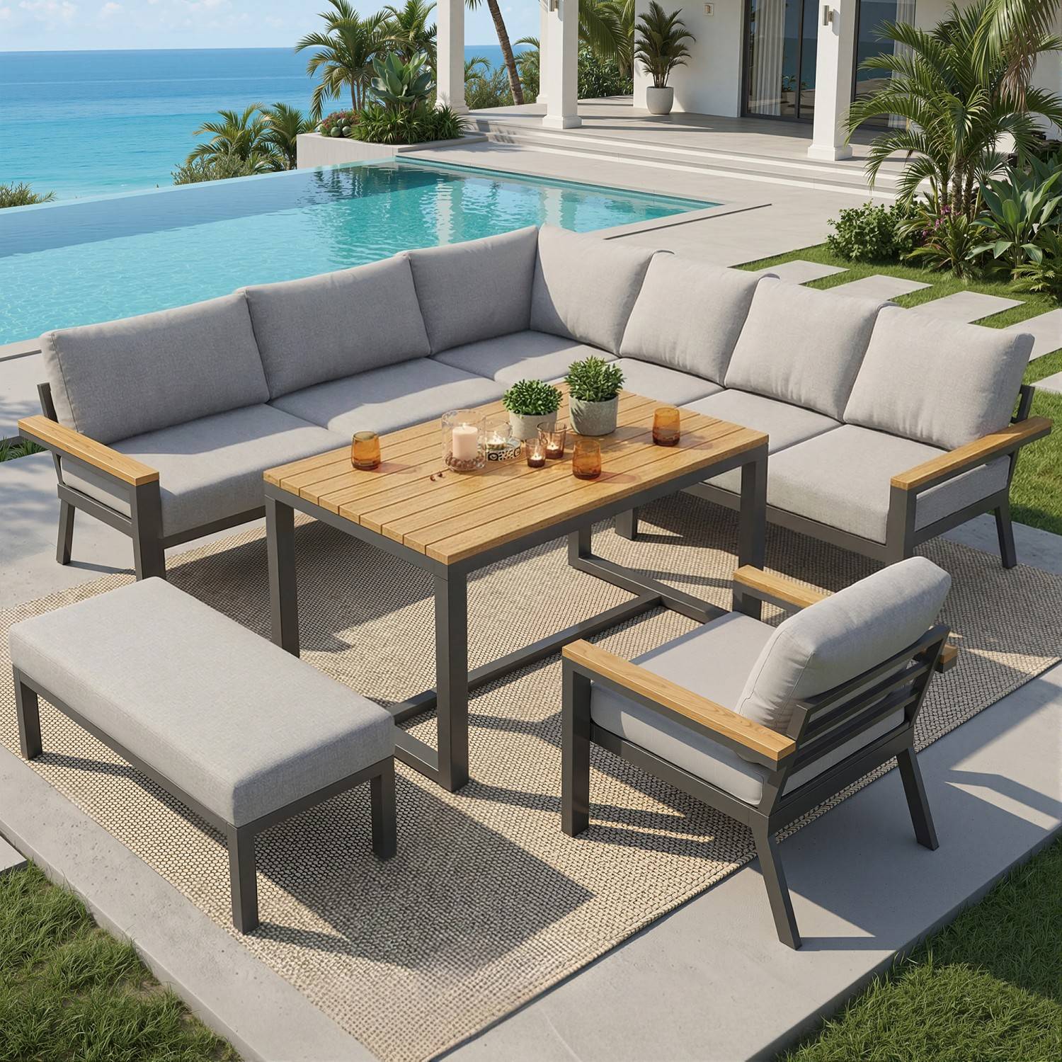 Canapé de jardin, huit places, avec table en bois, coussins, structure en fer résistante aux intempéries, gris - Image 3