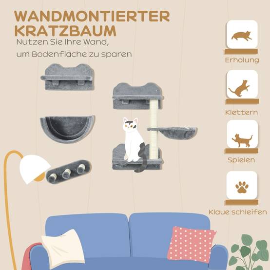 Arbre à chat mural 4 pièces intérieur 40 x 28 x 73 cm panneau de particules et sisal gris - PANGIVO - Image 4