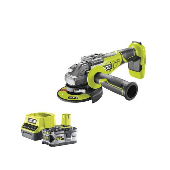 Ryobi - Pack RYOBI meuleuse d'angle brushless 18V One+ R18AG7-0 - 1 batterie 18V 5.0Ah - 1 chargeur rapide RC18120-150