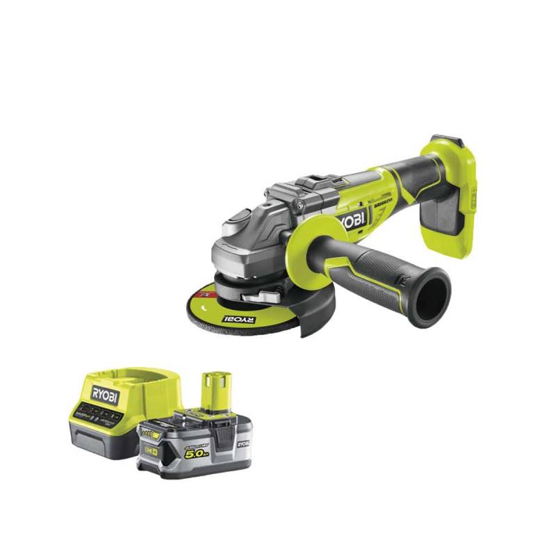 Ryobi - Pack RYOBI meuleuse d'angle brushless 18V One+ R18AG7-0 - 1 batterie 18V 5.0Ah - 1 chargeur rapide RC18120-150