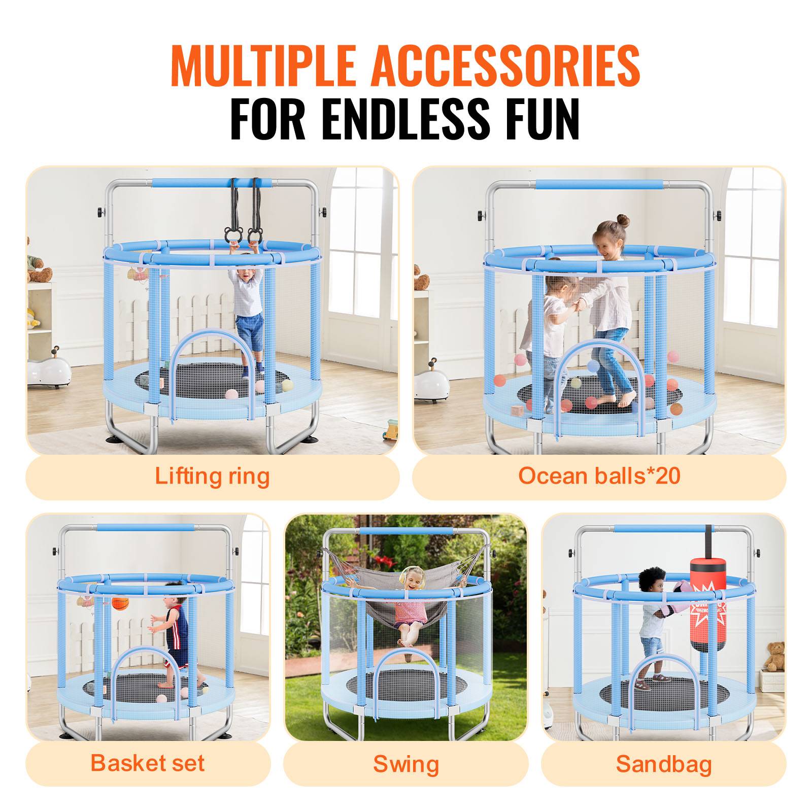 Vevor - VEVOR Mini trampoline enfant 147 cm, filet 360°, poignée réglable, capacité 120 kg, accessoires inclus, bleu. - Image 4