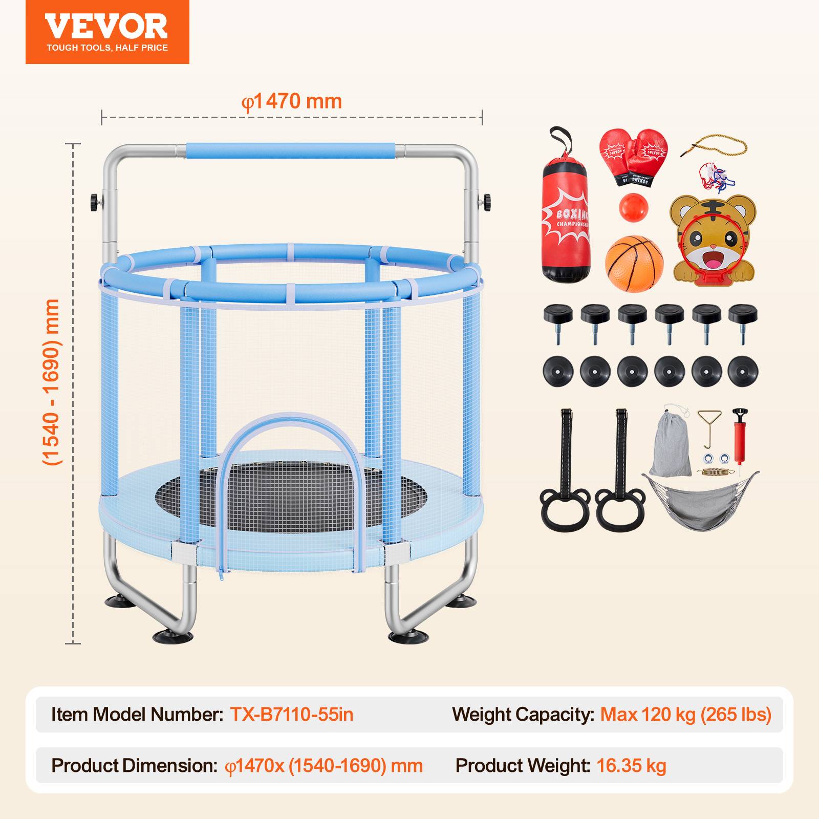 Vevor - VEVOR Mini trampoline enfant 147 cm, filet 360°, poignée réglable, capacité 120 kg, accessoires inclus, bleu. - Image 6