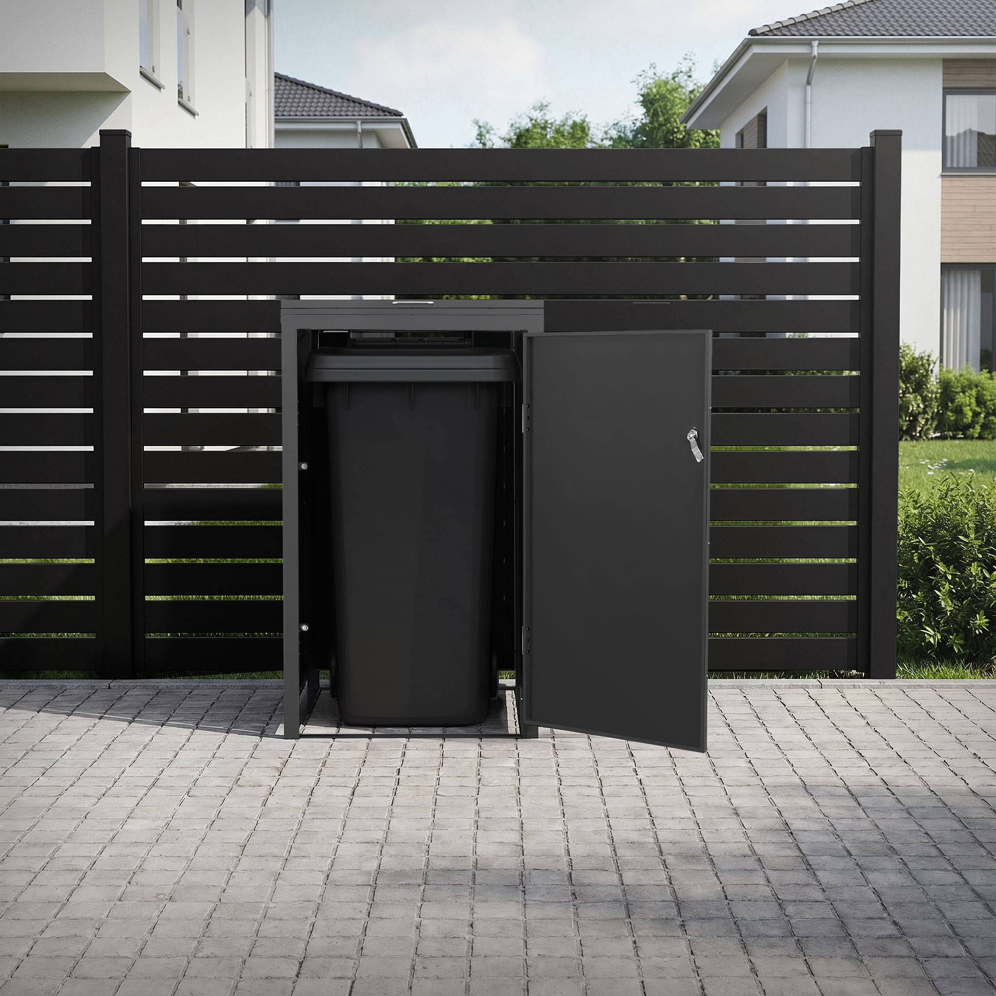 Ml-Design - Abri pour 1 poubelle 68x80x116,3 cm capacité de 60L à 240L anthracite/aspect mélèze acier avec couvercle rabattable/porte résistant aux intempéries - Imagen 1