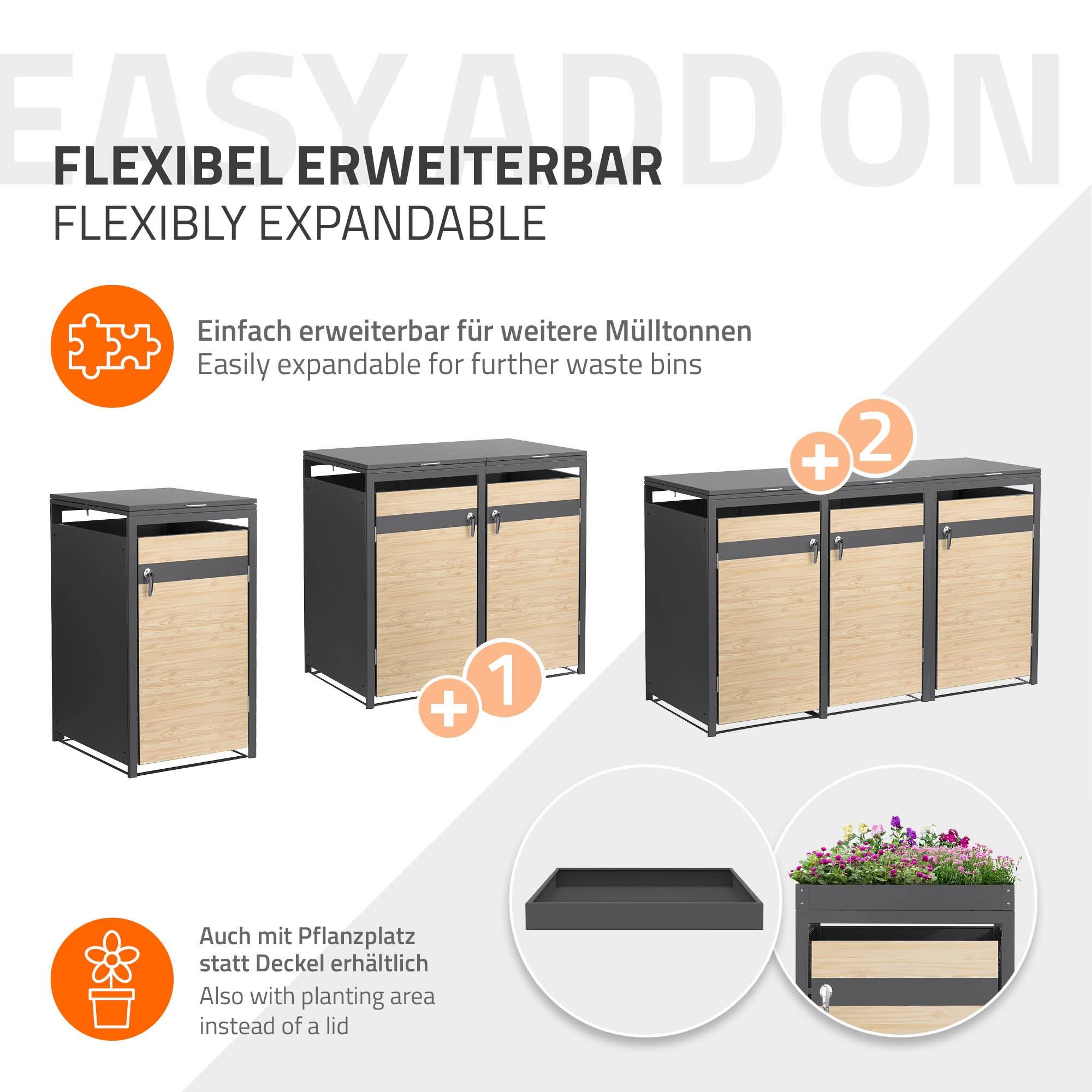 Ml-Design - Abri pour 1 poubelle 68x80x116,3 cm capacité de 60L à 240L anthracite/aspect mélèze acier avec couvercle rabattable/porte résistant aux intempéries - Imagen 7