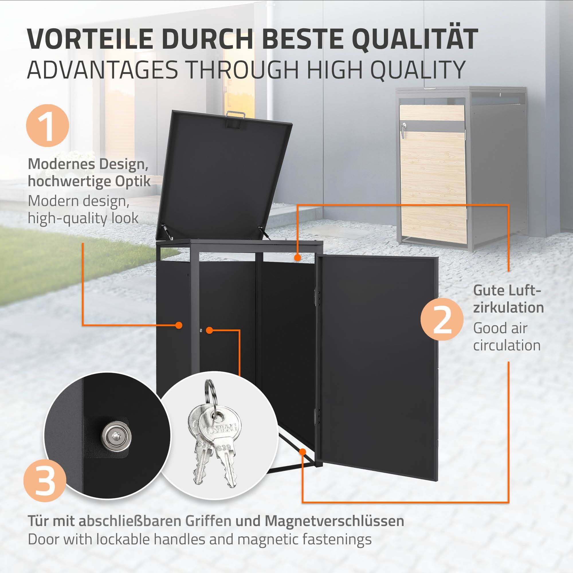 Ml-Design - Abri pour 1 poubelle 68x80x116,3 cm capacité de 60L à 240L anthracite/aspect mélèze acier avec couvercle rabattable/porte résistant aux intempéries - Imagen 3