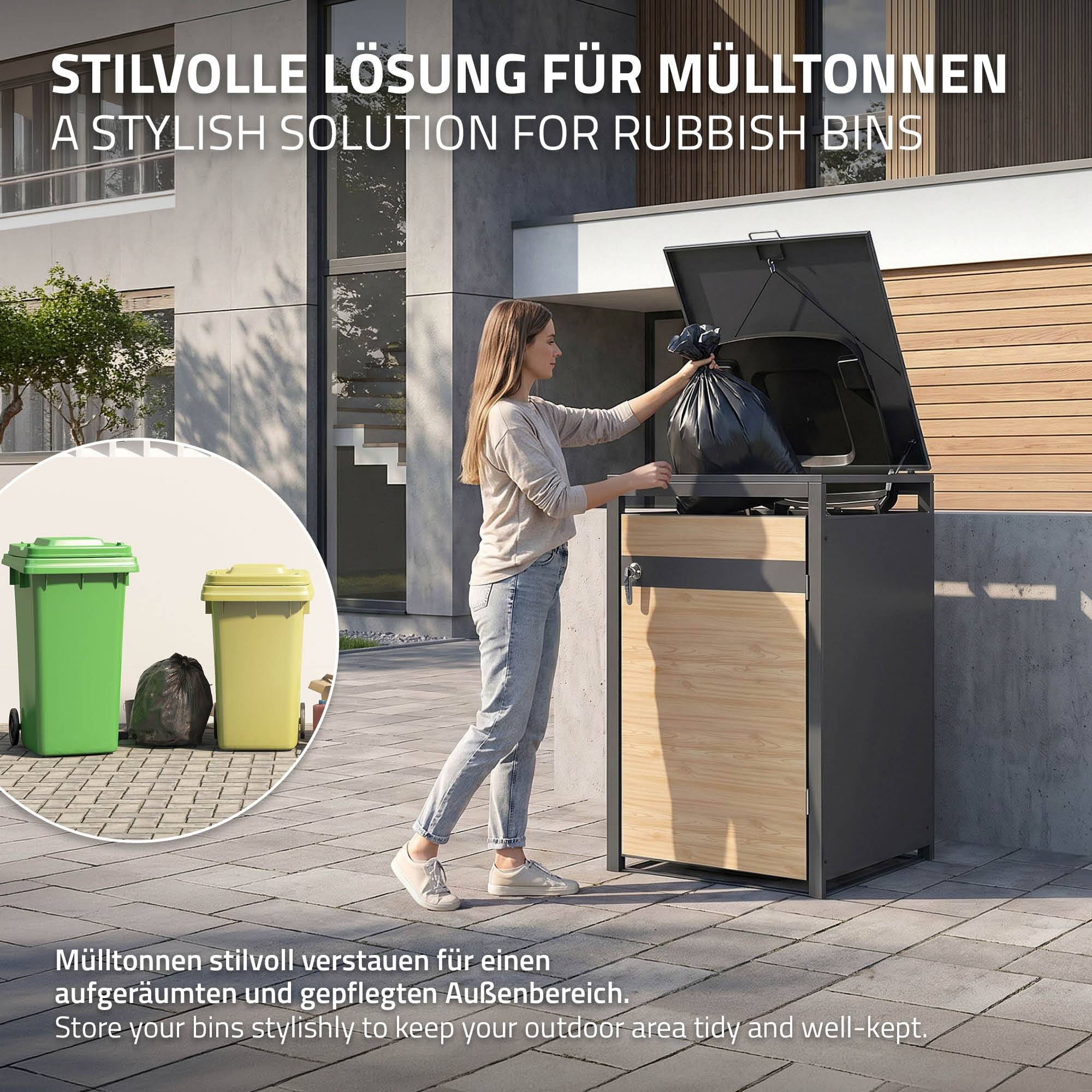 Ml-Design - Abri pour 1 poubelle 68x80x116,3 cm capacité de 60L à 240L anthracite/aspect mélèze acier avec couvercle rabattable/porte résistant aux intempéries - Imagen 5