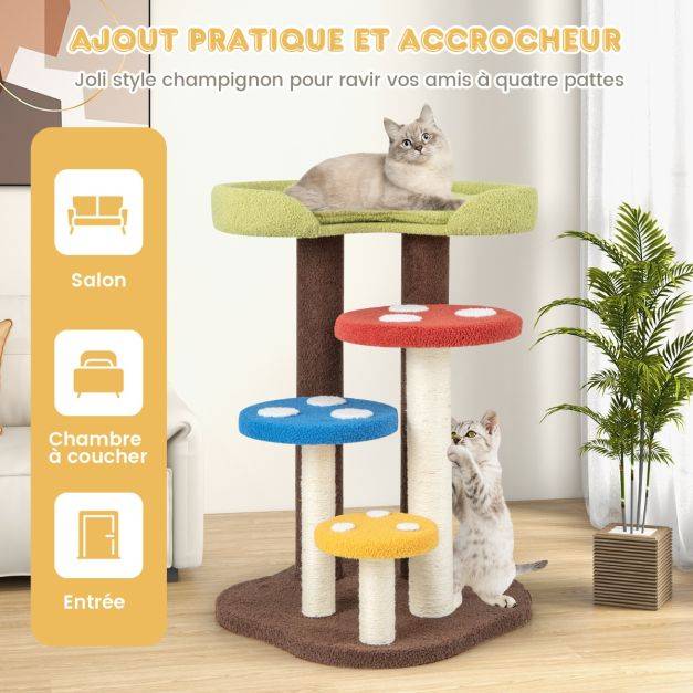 Helloshop26 - Arbre à chat 3 en 1 tour à chat 5 niveaux 3 poteaux entièrement enveloppés de sisal tapis et plates-formes amovibles motifs champignons coloré - Imagen 4