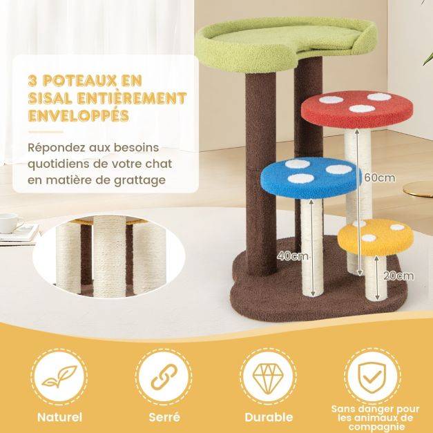 Helloshop26 - Arbre à chat 3 en 1 tour à chat 5 niveaux 3 poteaux entièrement enveloppés de sisal tapis et plates-formes amovibles motifs champignons coloré - Imagen 5