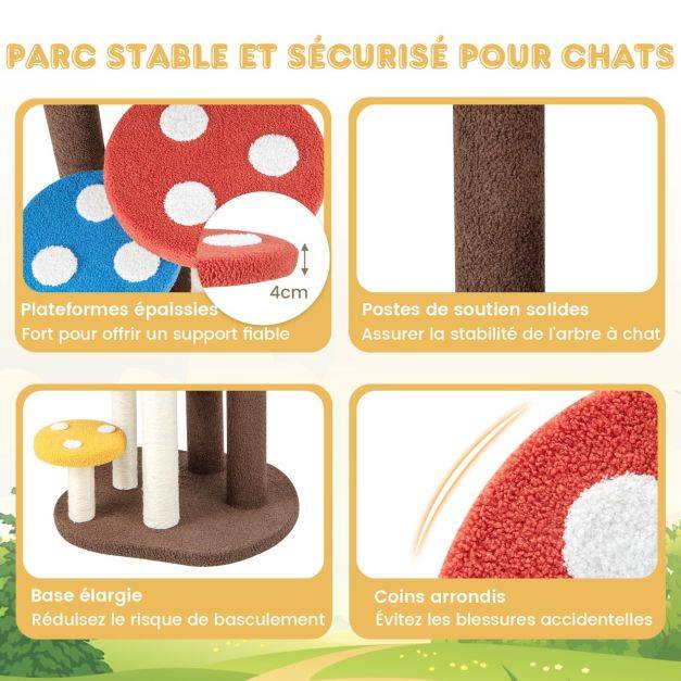 Helloshop26 - Arbre à chat 3 en 1 tour à chat 5 niveaux 3 poteaux entièrement enveloppés de sisal tapis et plates-formes amovibles motifs champignons coloré - Imagen 3