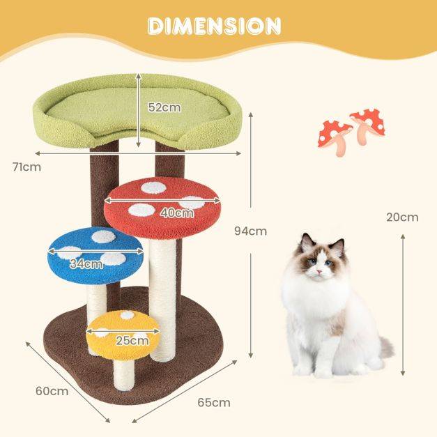 Helloshop26 - Arbre à chat 3 en 1 tour à chat 5 niveaux 3 poteaux entièrement enveloppés de sisal tapis et plates-formes amovibles motifs champignons coloré - Imagen 6