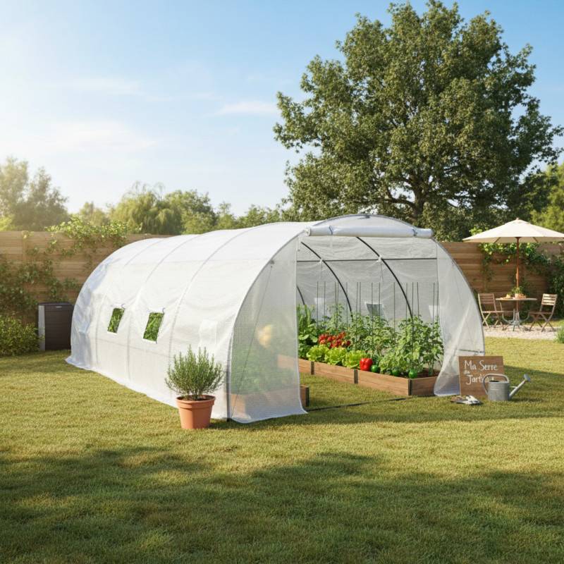 Serre tunnel 18m² polyéthylène armé 3x6m Green Protect blanche avec 8 lucarnes et porte zippée - Image 2