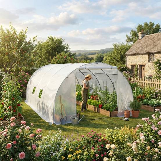 Serre tunnel 18m² polyéthylène armé 3x6m Green Protect blanche avec 8 lucarnes et porte zippée - Image 1