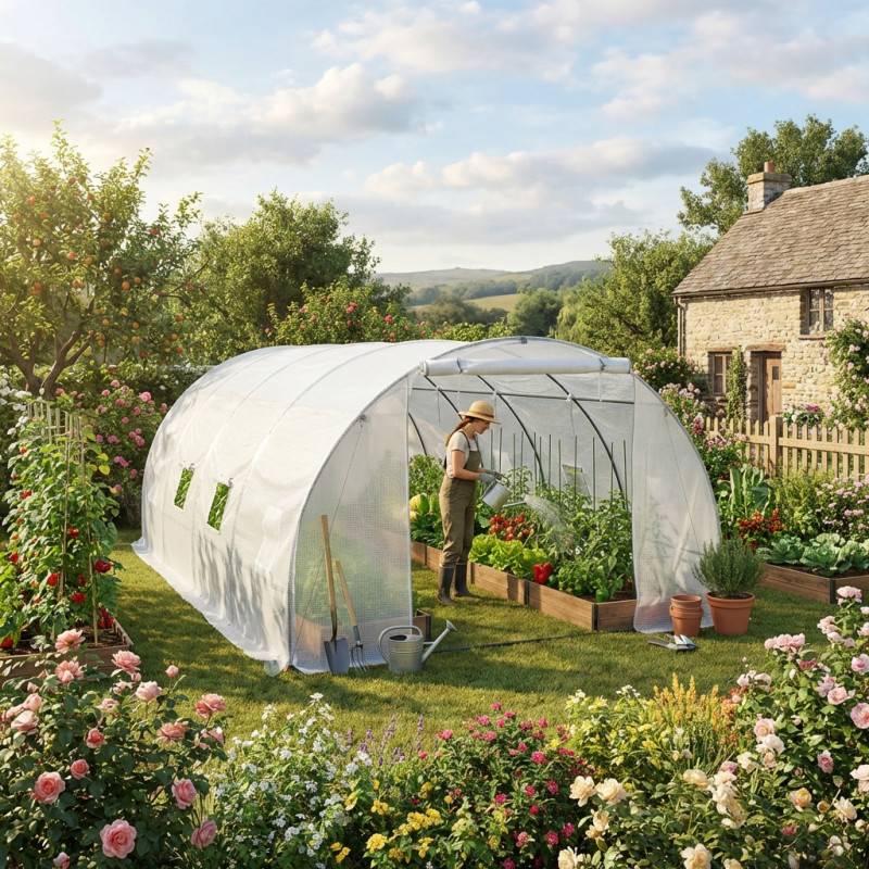 Serre tunnel 18m² polyéthylène armé 3x6m Green Protect blanche avec 8 lucarnes et porte zippée - Image 1