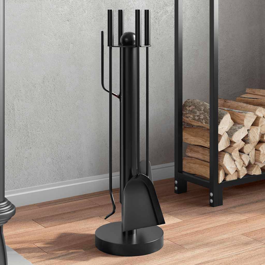 Set d'Outils pour Cheminée Acier 5 Pièces sur Support Rond 56 cm Noir - ComfortXL Outdoor Living - Image 1