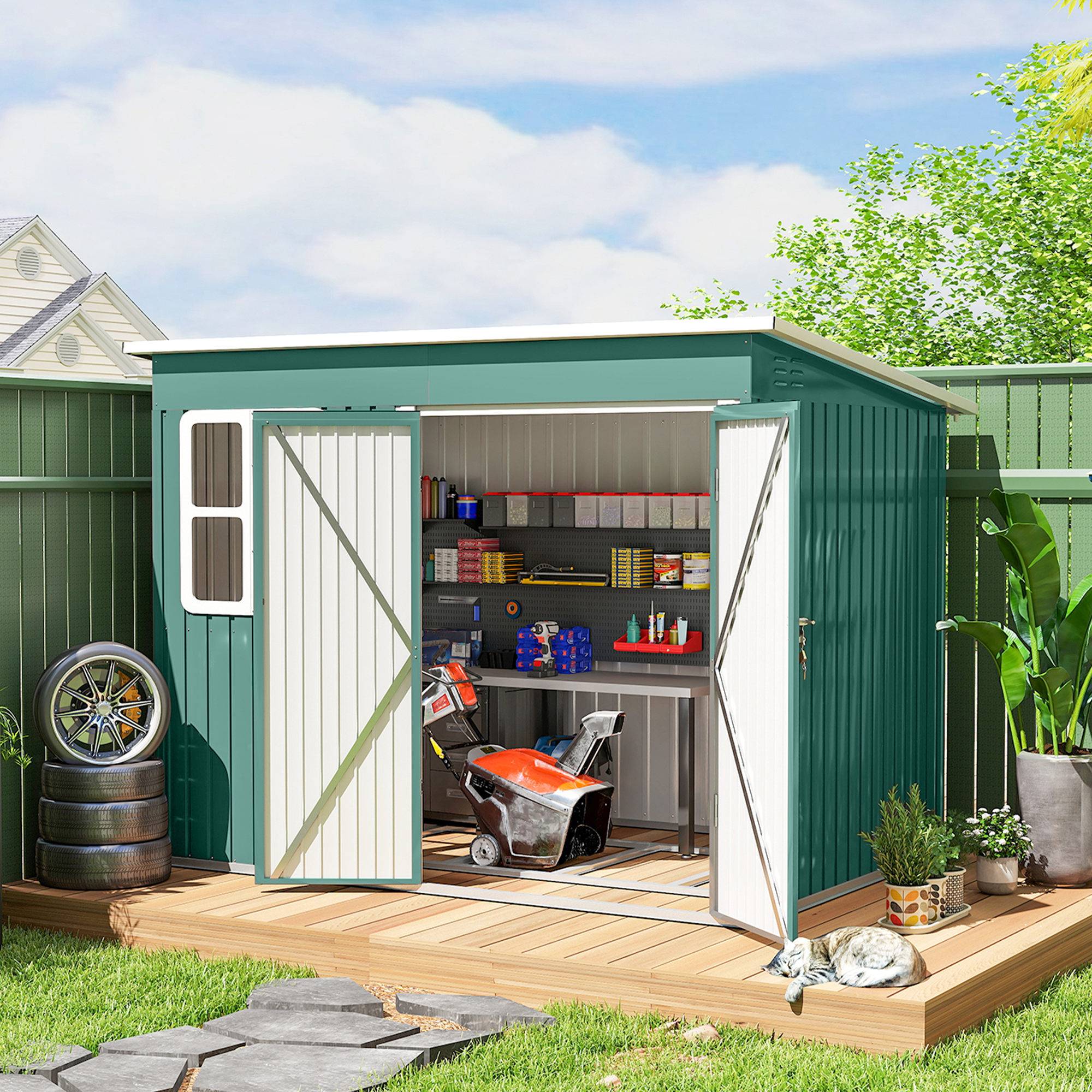 Abri de jardin métallique pour ranger les outils, avec fenêtre et large porte, 260 x 177 x 190 cm, vert - Image 4