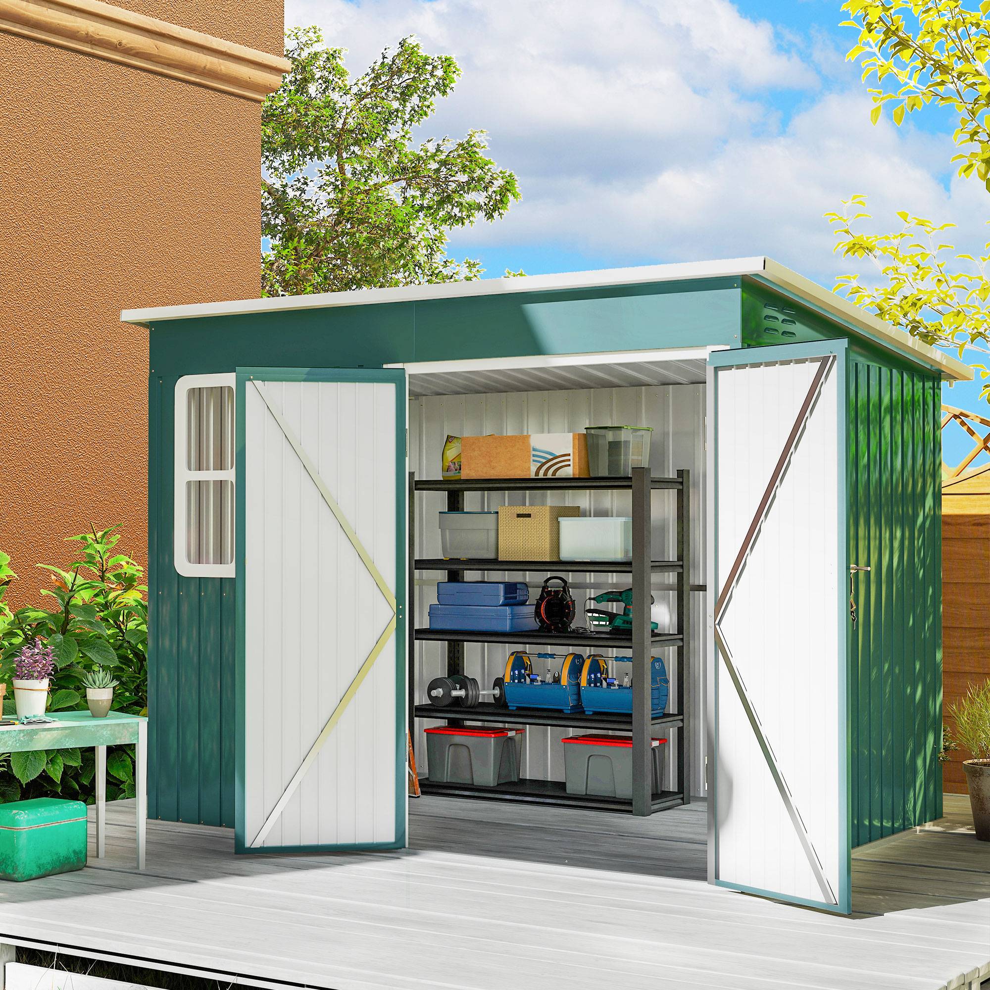 Abri de jardin métallique pour ranger les outils, avec fenêtre et large porte, 260 x 177 x 190 cm, vert - Image 3