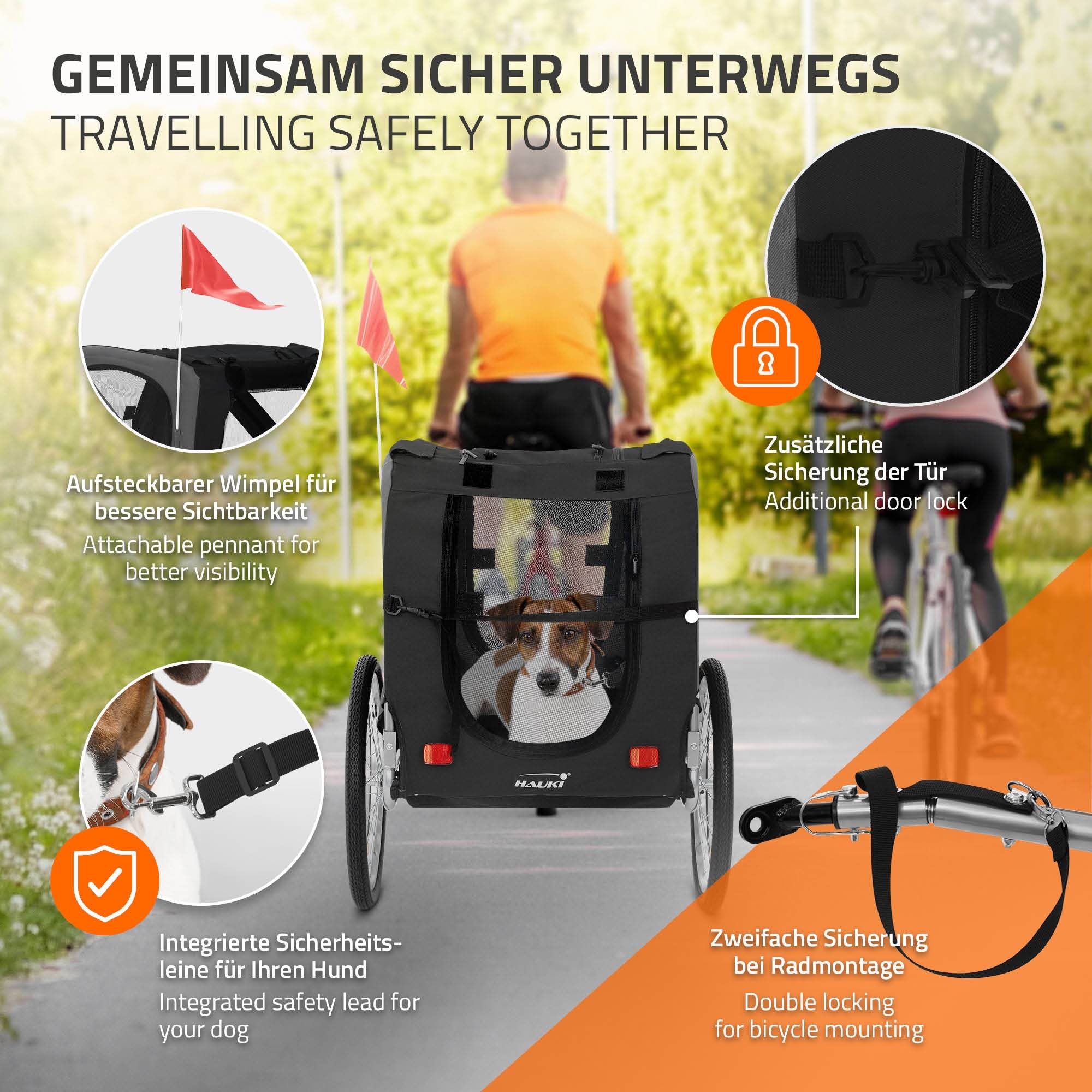 Remorque 2in1 de vélo et chien pliable noir chariot à réflecteurs/drapeau 40 kg - Image 5