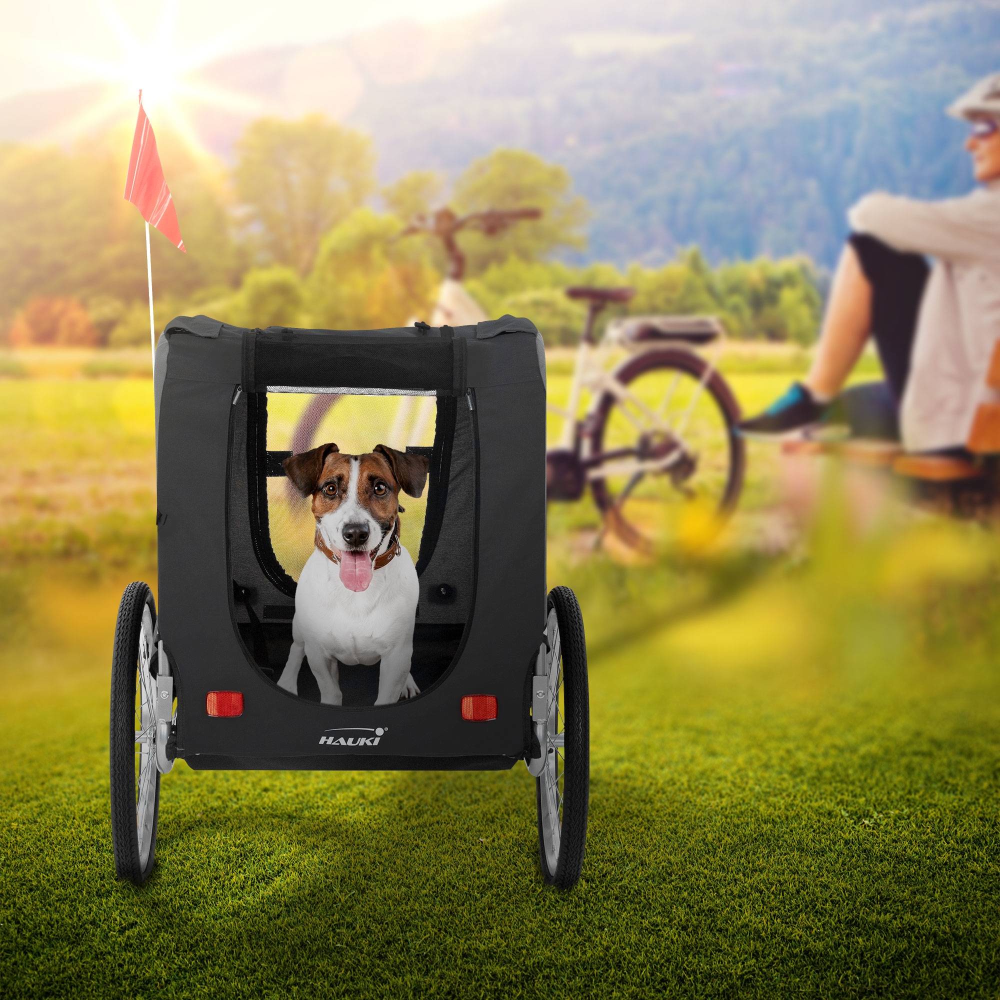 Remorque 2in1 de vélo et chien pliable noir chariot à réflecteurs/drapeau 40 kg - Image 9