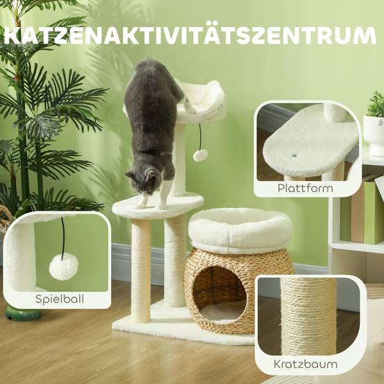 Arbre à chat 79cm avec grotte, lit et balles, poteaux sisal pour chats jusqu'à 5kg crème - Image 4