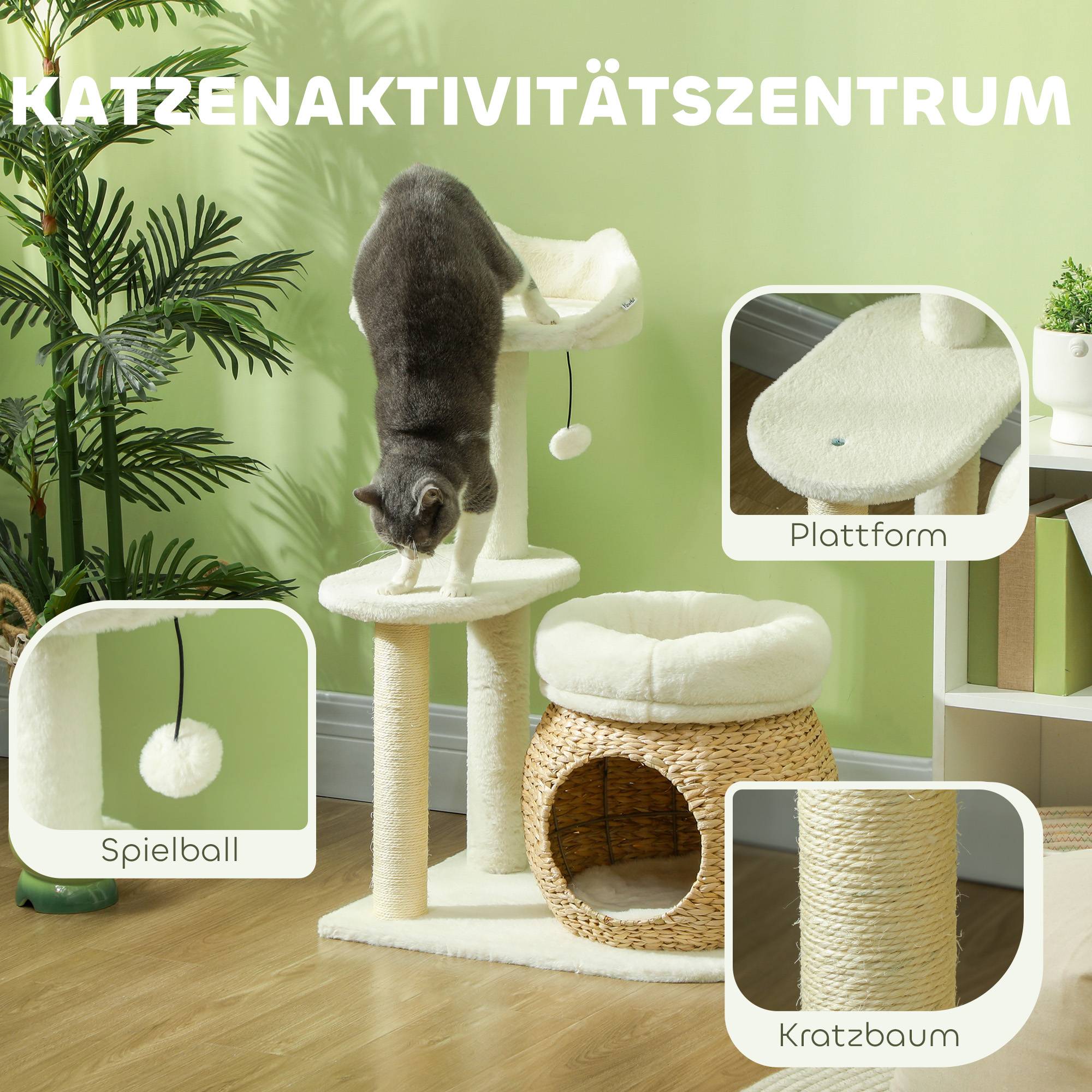 Arbre à chat 79cm avec grotte, lit et balles, poteaux sisal pour chats jusqu'à 5kg crème - Image 4