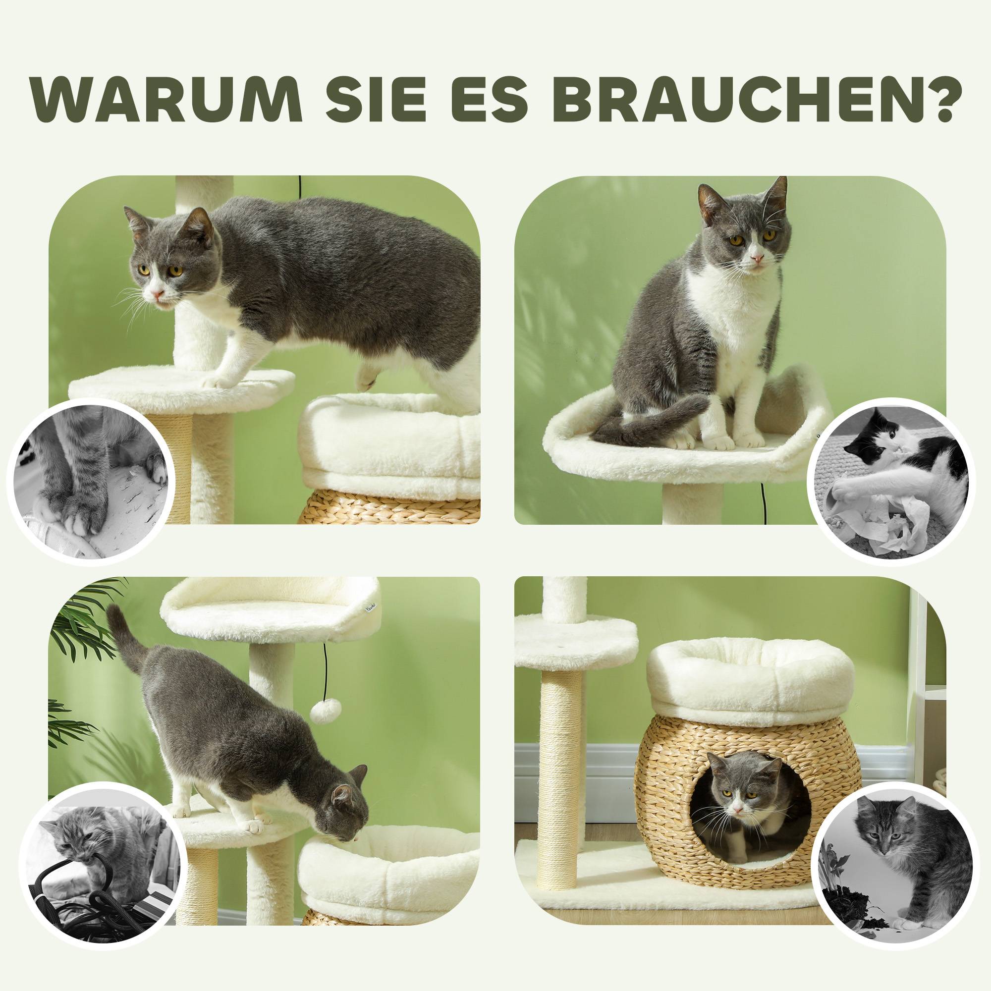 Arbre à chat 79cm avec grotte, lit et balles, poteaux sisal pour chats jusqu'à 5kg crème - Image 6