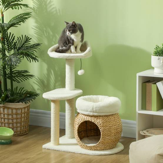 Arbre à chat 79cm avec grotte, lit et balles, poteaux sisal pour chats jusqu'à 5kg crème - Image 2