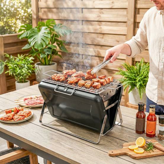 ComfortXL - Barbecue à charbon portable inox 40 x 28 x 25,5 cm noir camping pique-nique grille pliable transport facile - Image 9