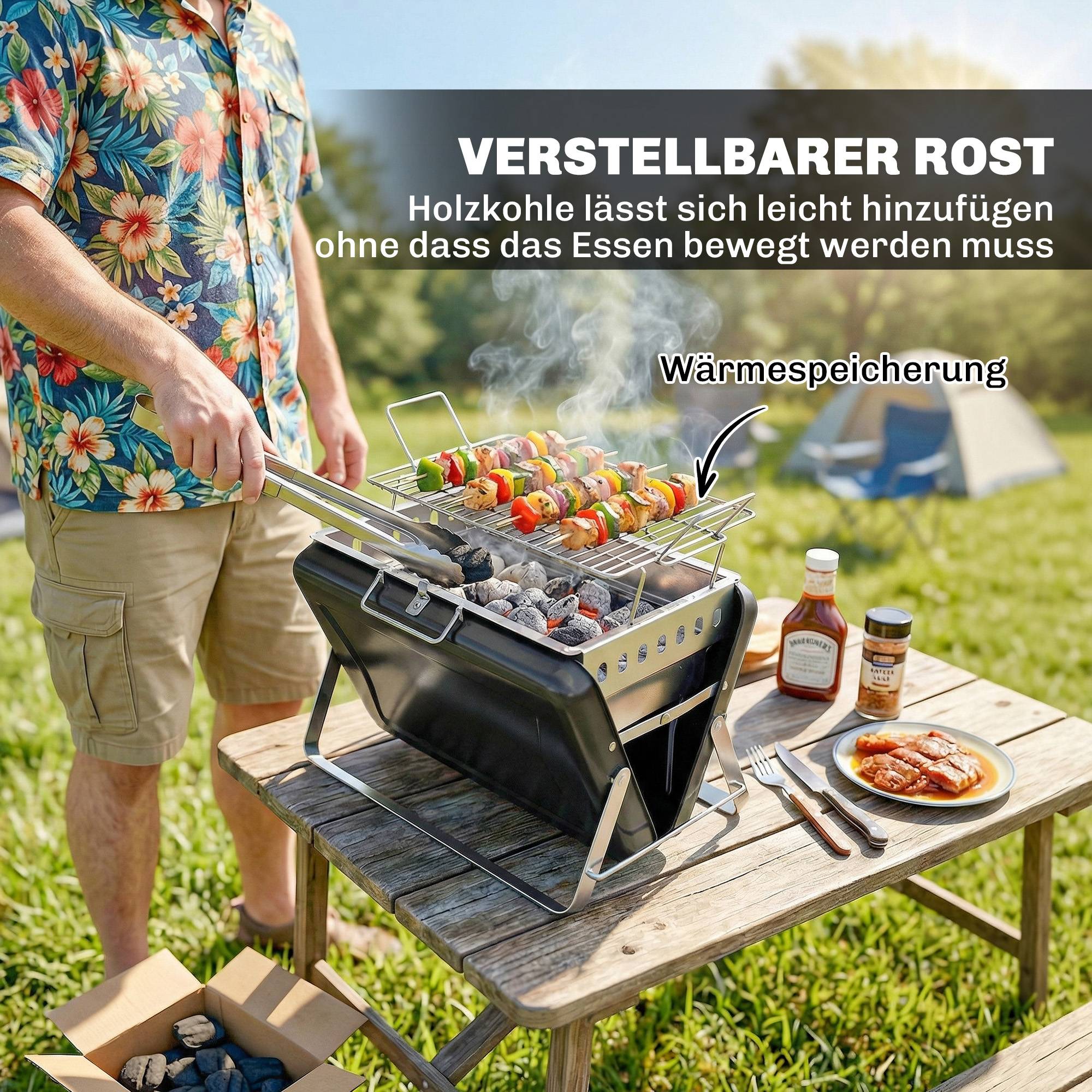 ComfortXL - Barbecue à charbon portable inox 40 x 28 x 25,5 cm noir camping pique-nique grille pliable transport facile - Image 5