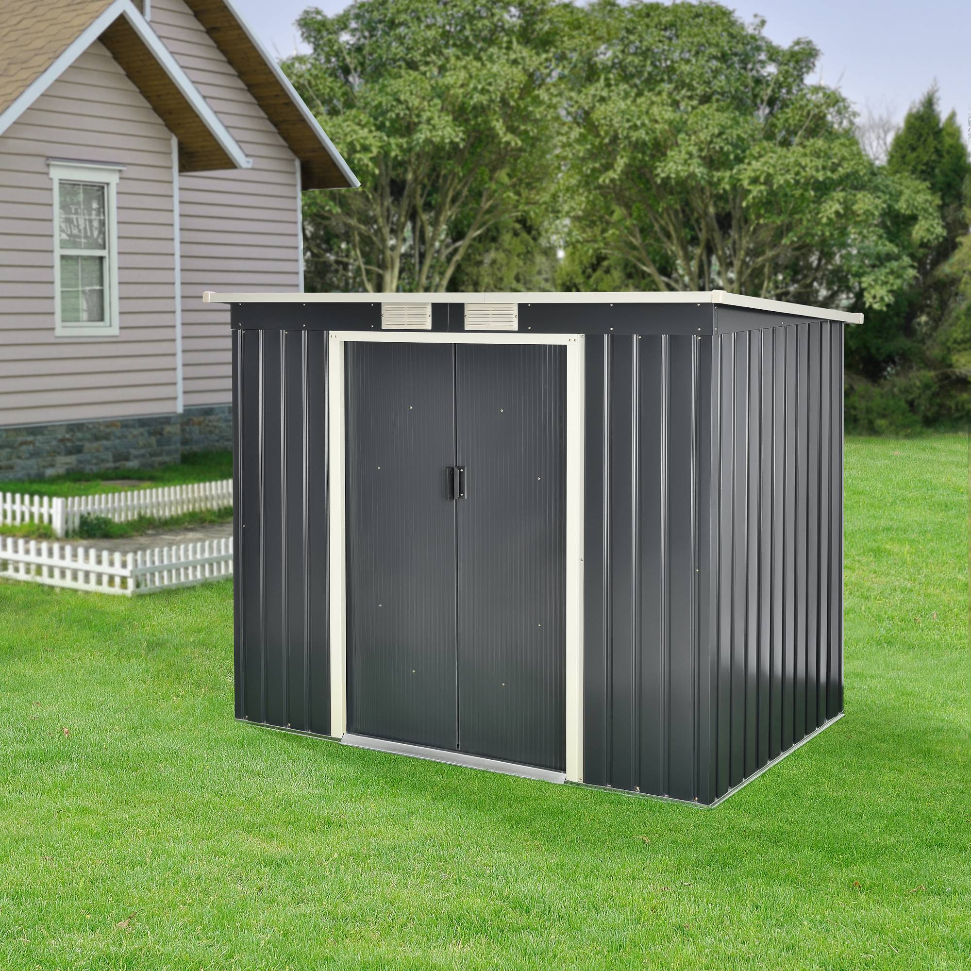 Abri de Jardin 213x130x173 cm Toit en Appentis Tôles en Acier Galvanisées Gris Foncé [en.casa] - Imagen 7