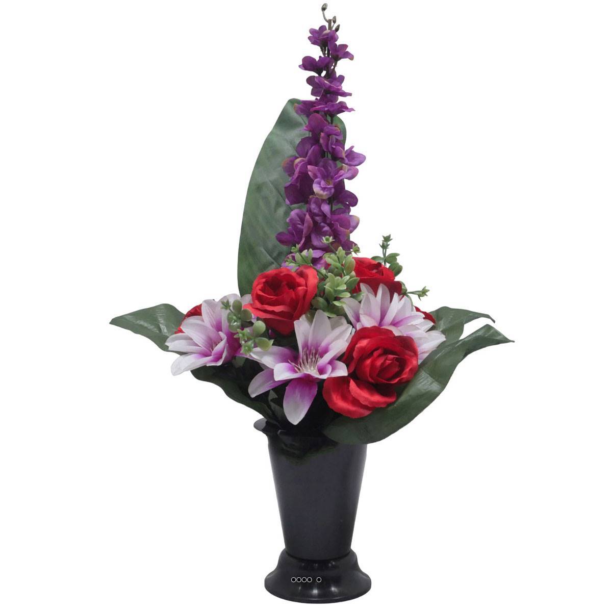 Artificielles - Pot Cone de fleurs artificielles de Rose, Orchidée et delphinium Mauve violet pour la Toussaint - couleur: Mauve violet 330 - Imagen 1