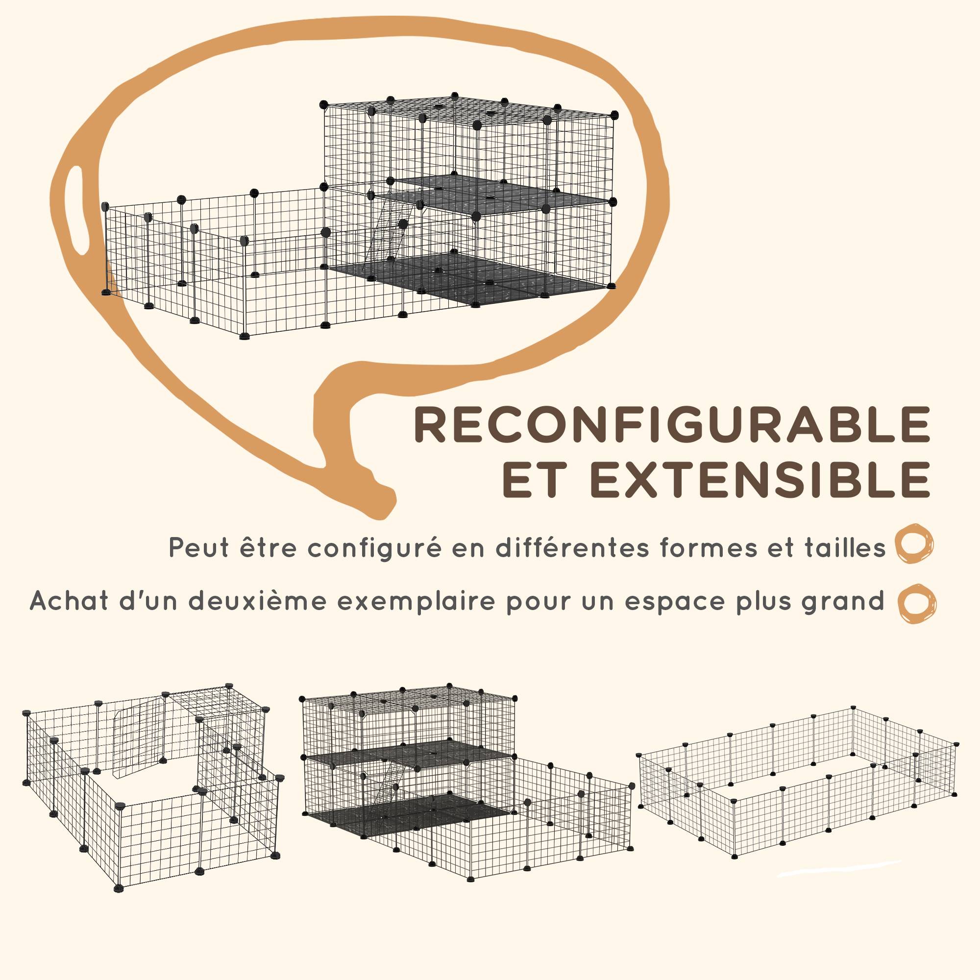 Parc modulable DIY métal 2 niveaux lapins hamsters 45 panneaux noir 175x105x70cm - ComfortXL Outdoor Living - Image 7
