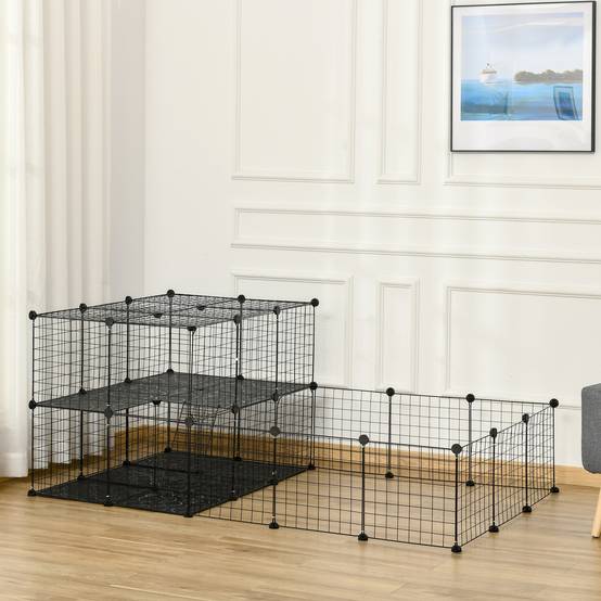 Parc modulable DIY métal 2 niveaux lapins hamsters 45 panneaux noir 175x105x70cm - ComfortXL Outdoor Living - Image 4