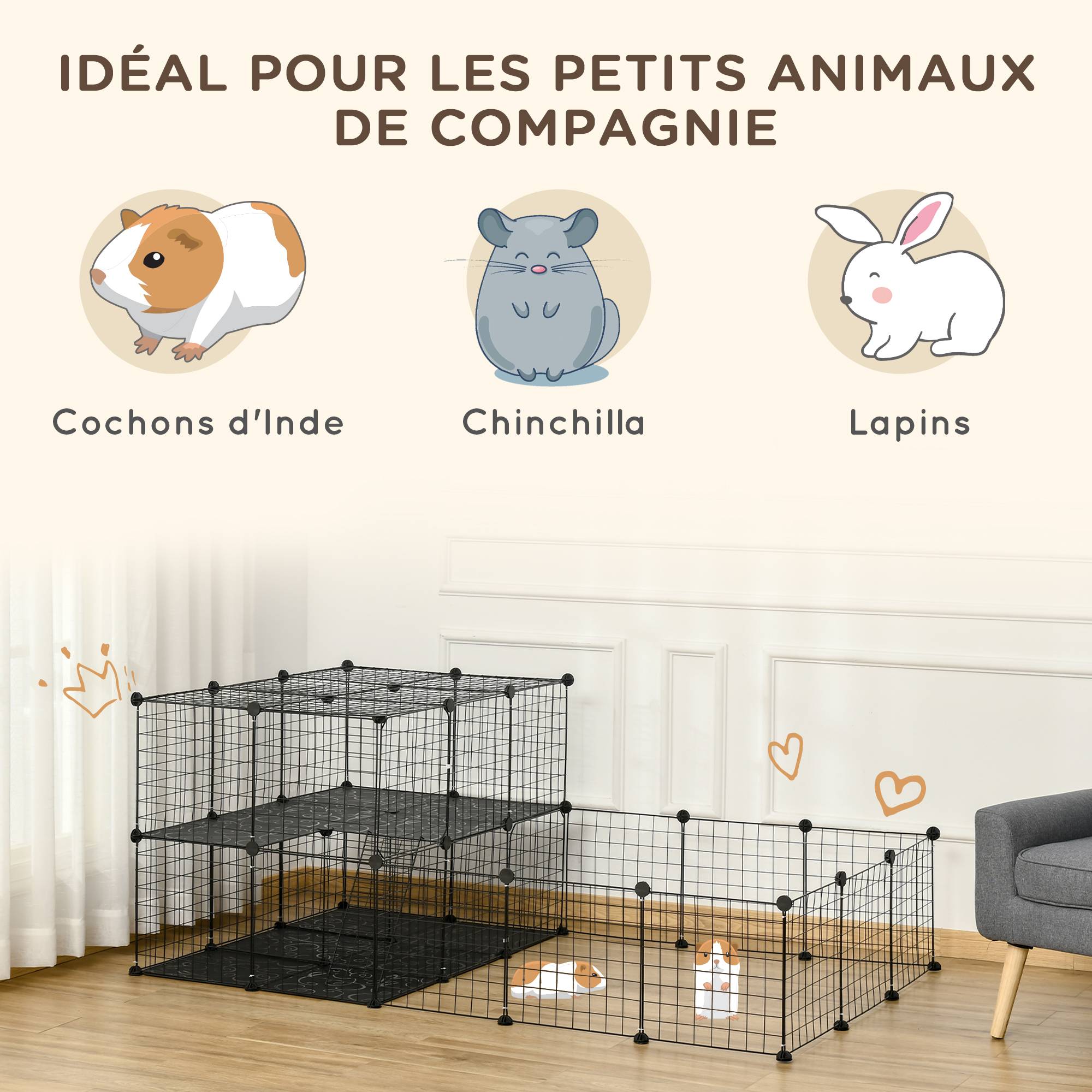 Parc modulable DIY métal 2 niveaux lapins hamsters 45 panneaux noir 175x105x70cm - ComfortXL Outdoor Living - Image 6