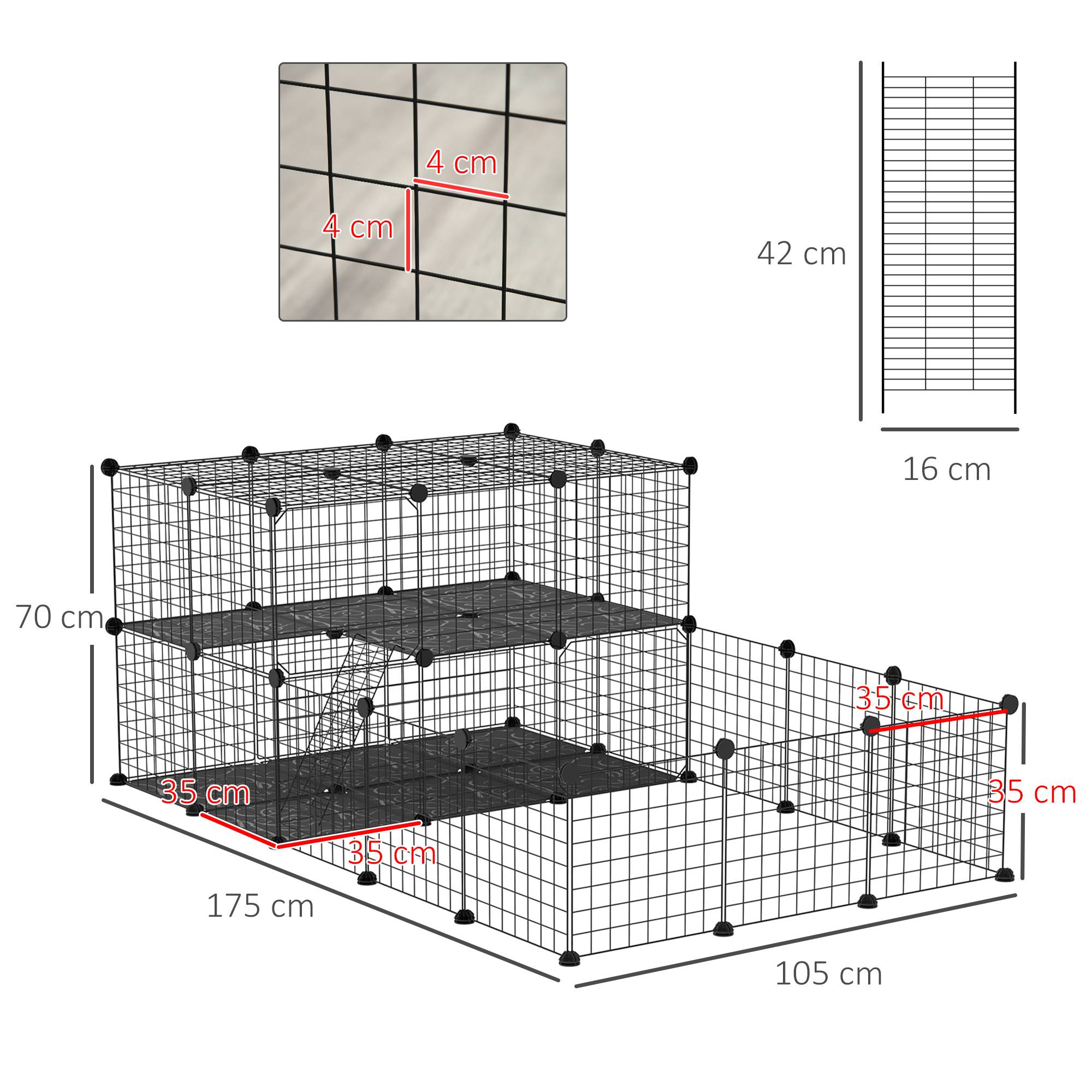 Parc modulable DIY métal 2 niveaux lapins hamsters 45 panneaux noir 175x105x70cm - ComfortXL Outdoor Living - Image 5