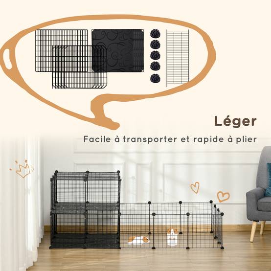 Parc modulable DIY métal 2 niveaux lapins hamsters 45 panneaux noir 175x105x70cm - ComfortXL Outdoor Living - Image 9