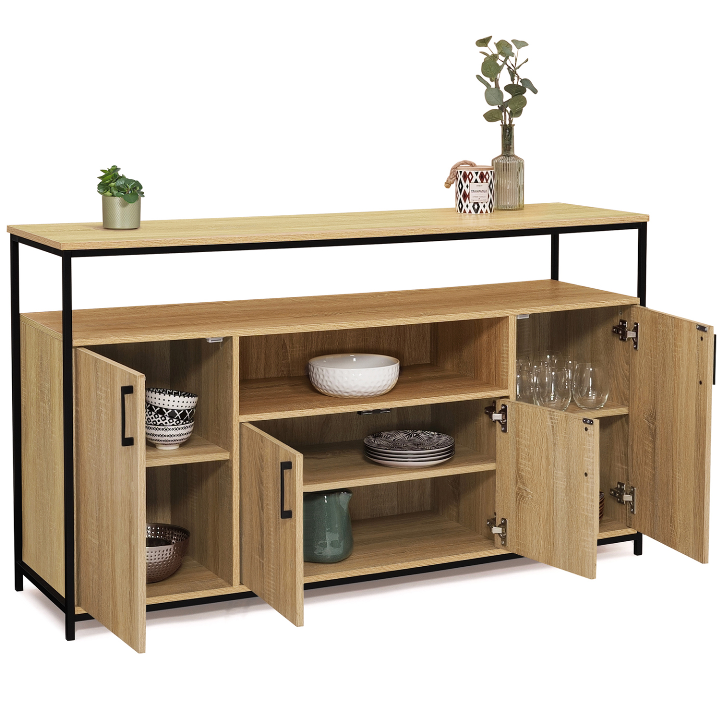 Buffet 140 cm DETROIT 4 portes avec niche design industriel - Image 4