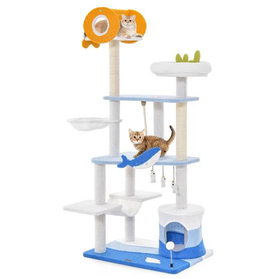 Helloshop26 - Arbre à chat sur le thème de l'océan centre d'activités multi-niveaux avec griffoirs recouverts de sisal pour chats d'intérieur 168 cm bleu - Imagen 1