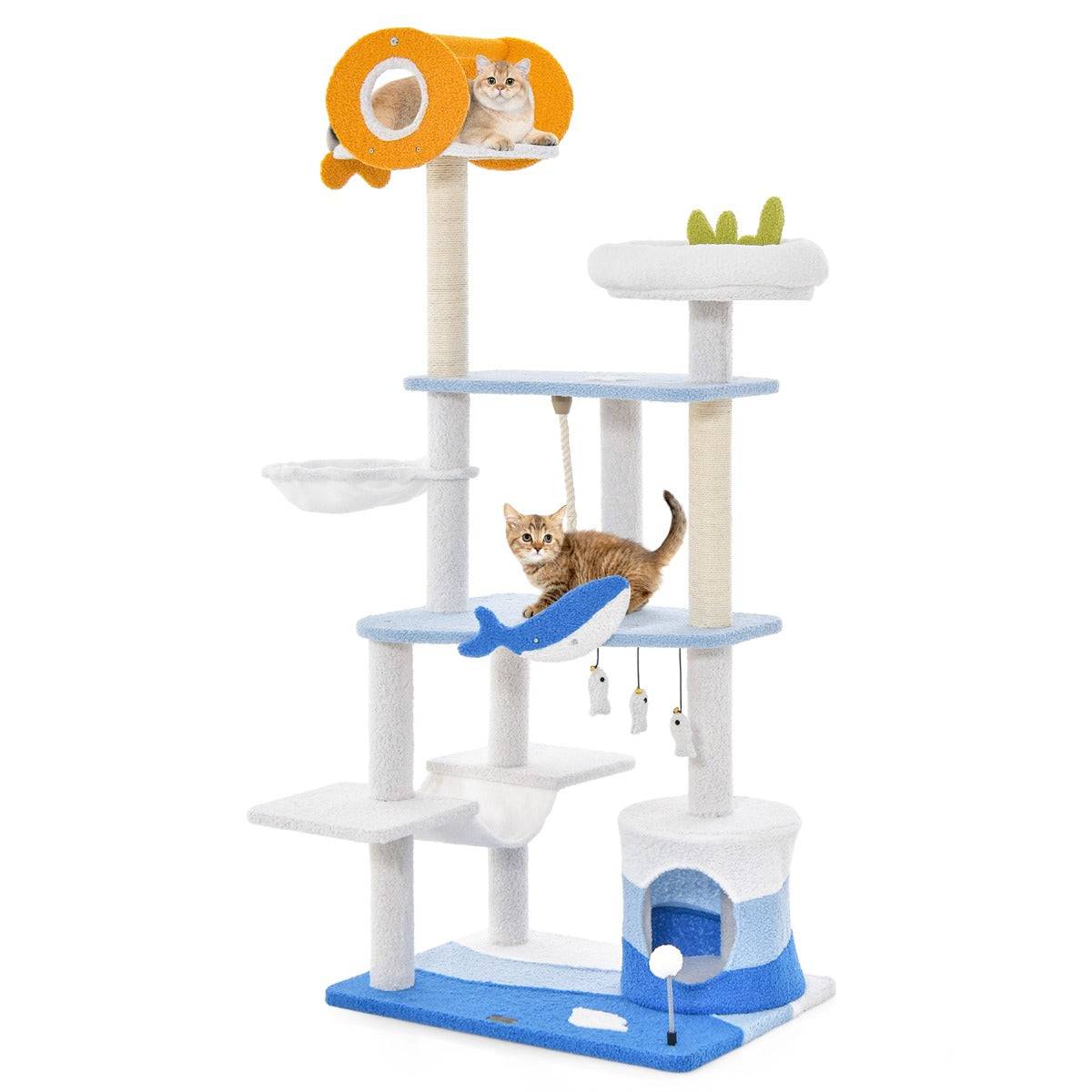 Helloshop26 - Arbre à chat sur le thème de l'océan centre d'activités multi-niveaux avec griffoirs recouverts de sisal pour chats d'intérieur 168 cm bleu - Imagen 1