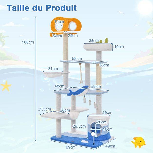 Helloshop26 - Arbre à chat sur le thème de l'océan centre d'activités multi-niveaux avec griffoirs recouverts de sisal pour chats d'intérieur 168 cm bleu - Imagen 4