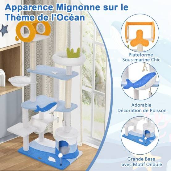 Helloshop26 - Arbre à chat sur le thème de l'océan centre d'activités multi-niveaux avec griffoirs recouverts de sisal pour chats d'intérieur 168 cm bleu - Imagen 2