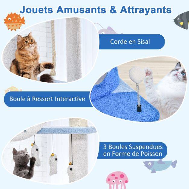 Helloshop26 - Arbre à chat sur le thème de l'océan centre d'activités multi-niveaux avec griffoirs recouverts de sisal pour chats d'intérieur 168 cm bleu - Imagen 3