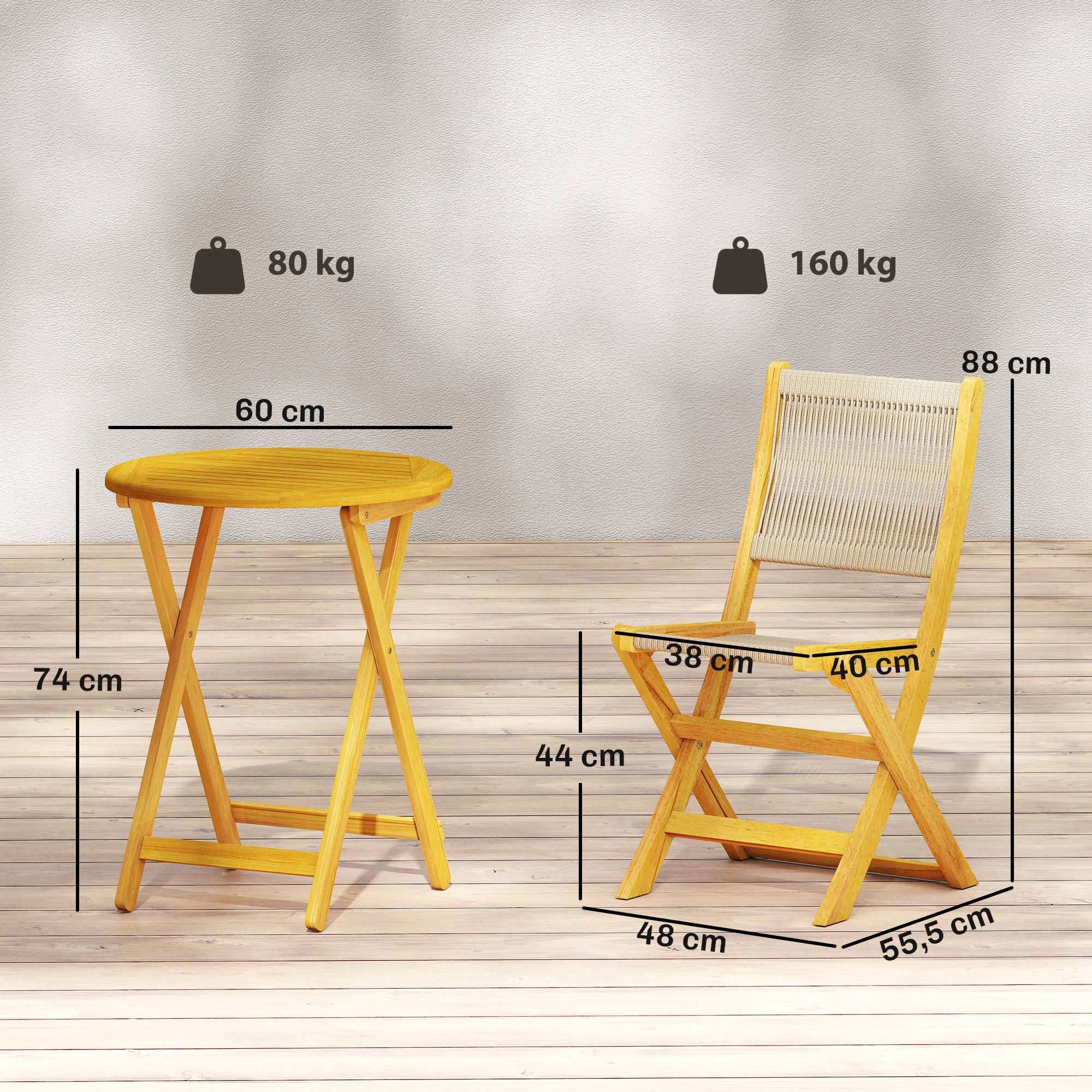 Sans Marque - Salon Jardin Ensemble Bistro 3 Pièces Table Ronde 2 Chaises Pliables Boho Acacia Cordage PP Naturel - Image 5